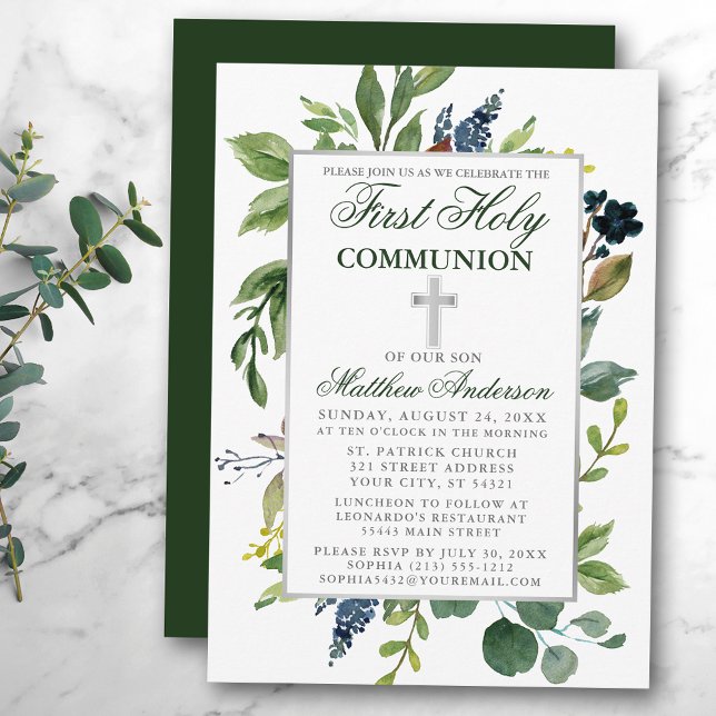 Watercolor Greenery First Heliga Communion Silver Inbjudningar (Customize to change text color,  size, style or to change color of back of card.)