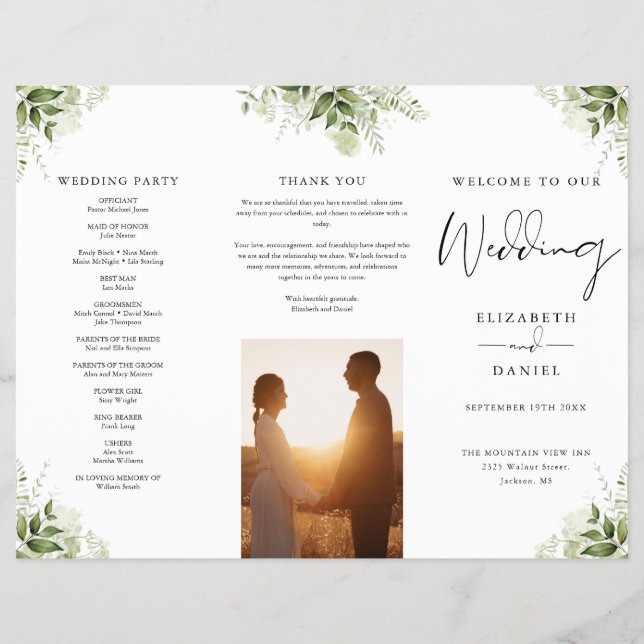 Watercolor Greenery Floral Trifold Wedding Program (Framsidan)
