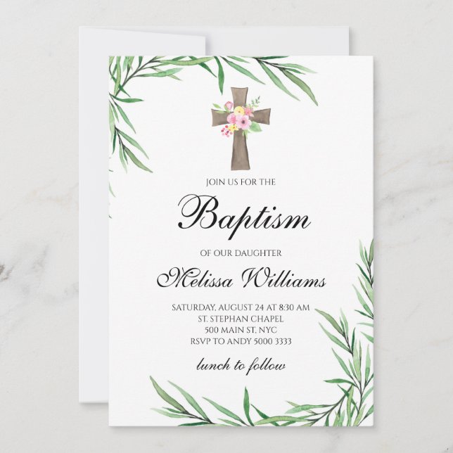 Watercolor Greenery Flowers Girl Baptism Inbjudningar (Framsida)