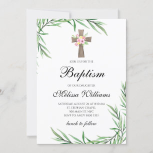 Watercolor Greenery Flowers Girl Baptism Inbjudningar