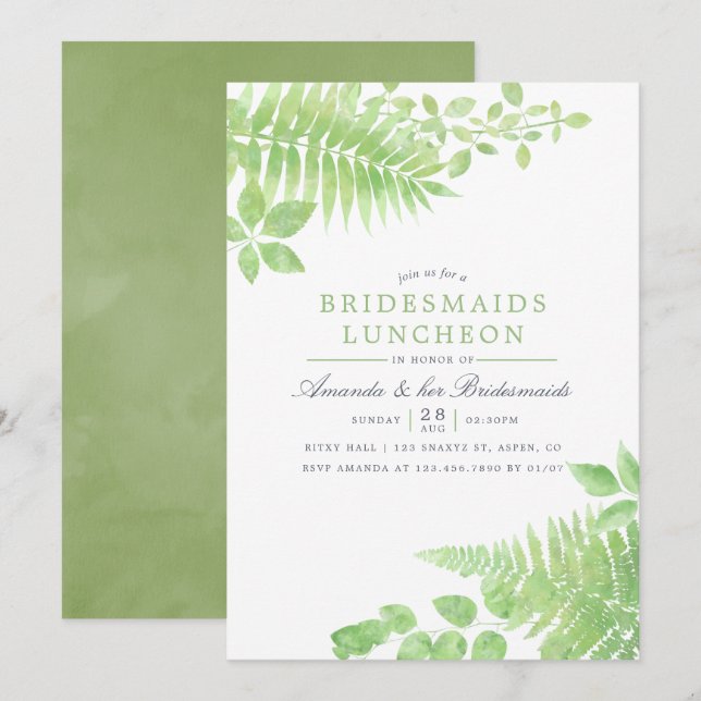 Watercolor Greenery Foliage Bridesmaids Luncheon Inbjudningar (Fram/baksida)