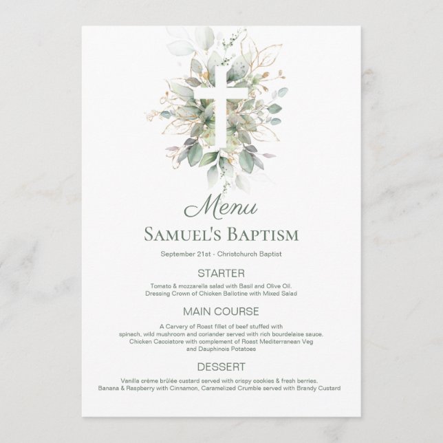 Watercolor Greenery Foliage Kor Baptism Menu Meny (Framsida)
