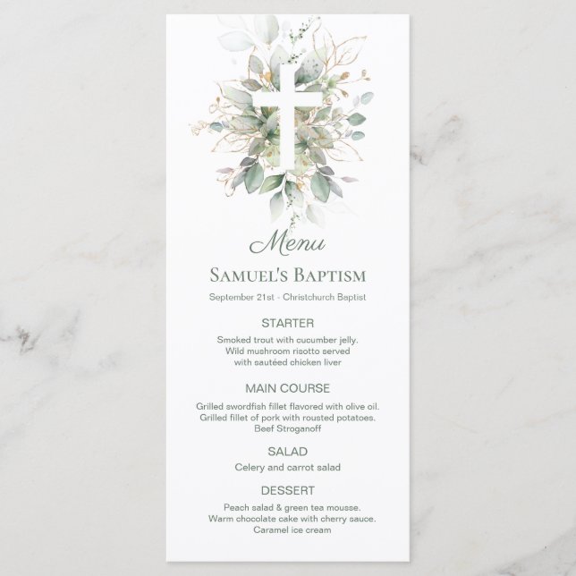 Watercolor Greenery Foliage Kor Baptism Menu Meny (Framsida)