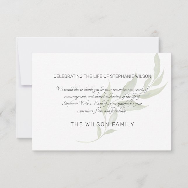 Watercolor Greenery Funeral Bereavement Tack Kort (Baksida)