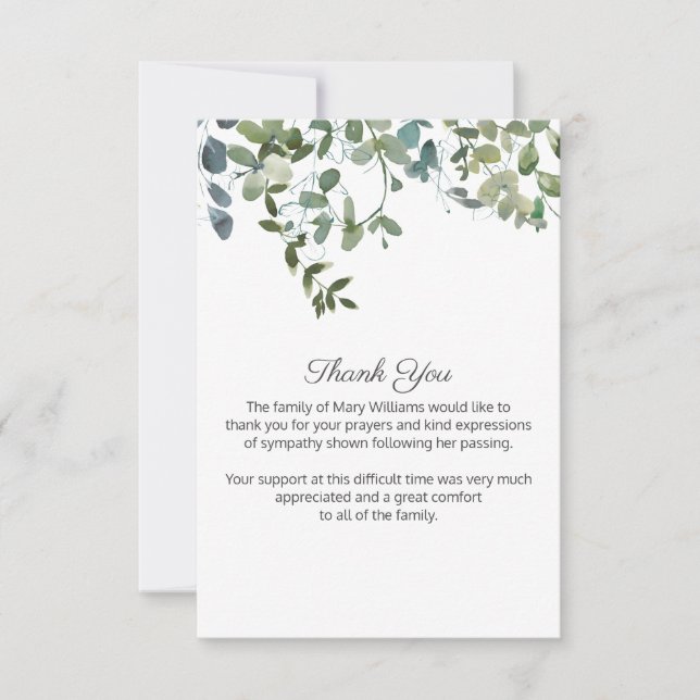 Watercolor Greenery Funeral Bereavement Tack Kort (Framsida)