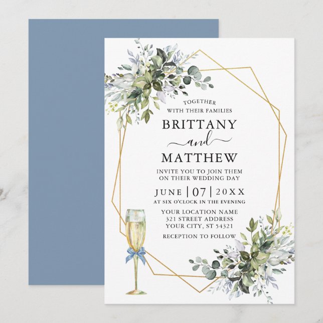 Watercolor Greenery Geo Ram Glass Bow Dusty Blue Inbjudningar (Fram/baksida)