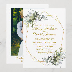 Watercolor Greenery Geo Ram Photo Guld Bröllop Inbjudningar