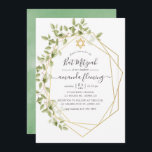 Watercolor Greenery Geometric Bat Mitzvah Inbjudningar<br><div class="desc">Trendy sage green and white watercolor leaves bat mitzvah invitation with gold geometric frame and elegant handwriting typography.</div>