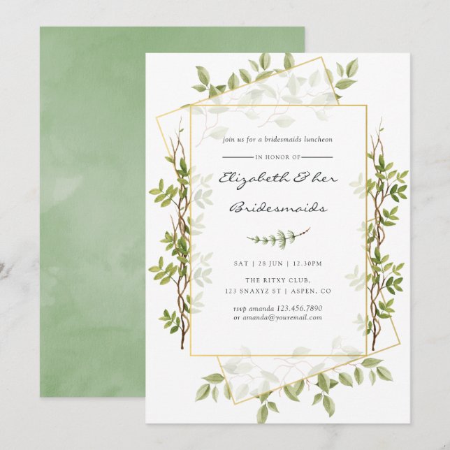 Watercolor Greenery Geometric Bridesmaids Luncheon Inbjudningar (Fram/baksida)