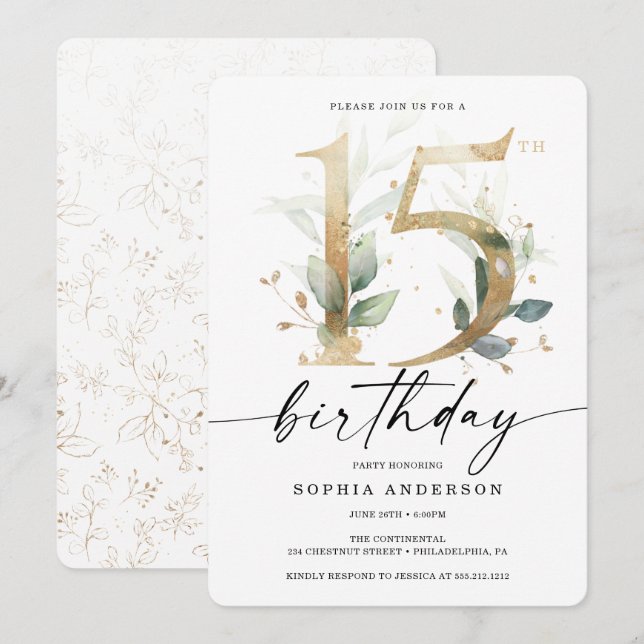 Watercolor Greenery Guld 15:e Födelsedagsfesten Inbjudningar (Fram/baksida)