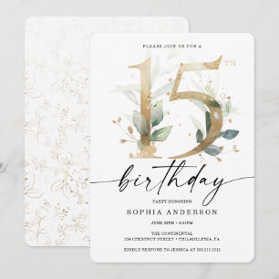 Watercolor Greenery Guld 15:e Födelsedagsfesten Inbjudningar