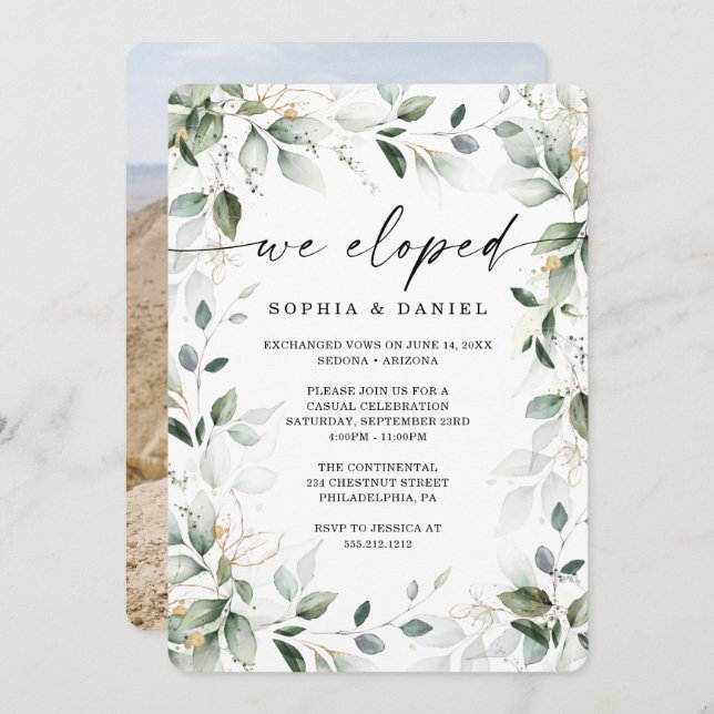 Watercolor Greenery Guld Elopement Firande Inbjudningar (Fram/baksida)