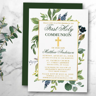Watercolor Greenery Guld First Heliga Communion Inbjudningar