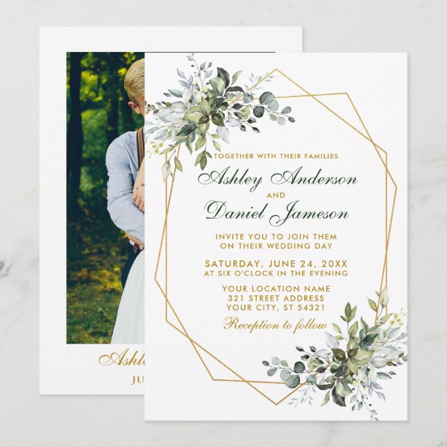 Watercolor Greenery Guld Geo Ram Photo Bröllop Inbjudningar (Fram/baksida)
