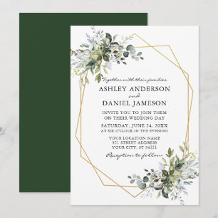 Watercolor Greenery Guld Geometric Ram Bröllop Inbjudningar