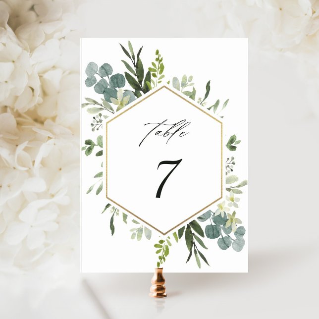 Watercolor Greenery Guld Hexagon Bröllop Bordsnummer (Skapare uppladdad)