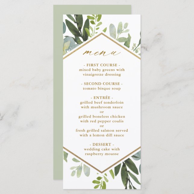 Watercolor Greenery Guld Hexagon Bröllop Menu Meny (Fram/baksida)