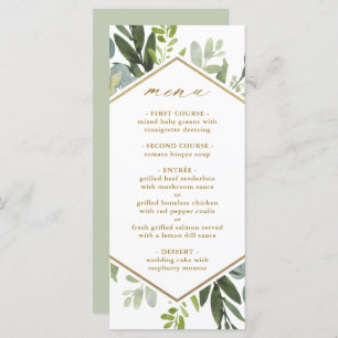 Watercolor Greenery Guld Hexagon Bröllop Menu Meny