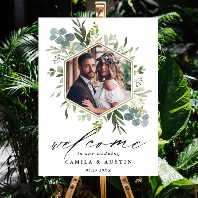 Watercolor Greenery Guld Hexagon Bröllop Sign Poster (Skapare uppladdad)