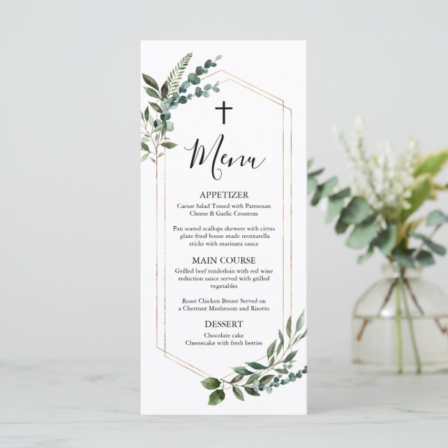 Watercolor Greenery Guld Kor Baptism Menu Meny (Stående Fram)