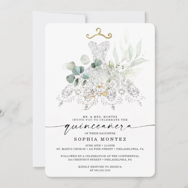Watercolor Greenery Guld Quinceañera Birthday Inbjudningar (Framsida)
