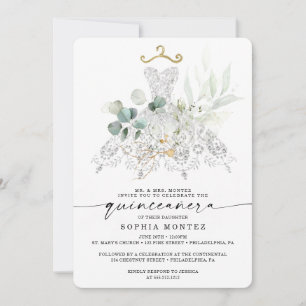 Watercolor Greenery Guld Quinceañera Birthday Inbjudningar