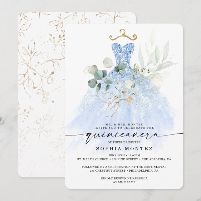 Watercolor Greenery Guld Quinceañera Birthday Invi Inbjudningar (Fram/baksida)