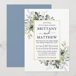 Watercolor Greenery Guld Ram Dusty Blue Bröllop Inbjudningar