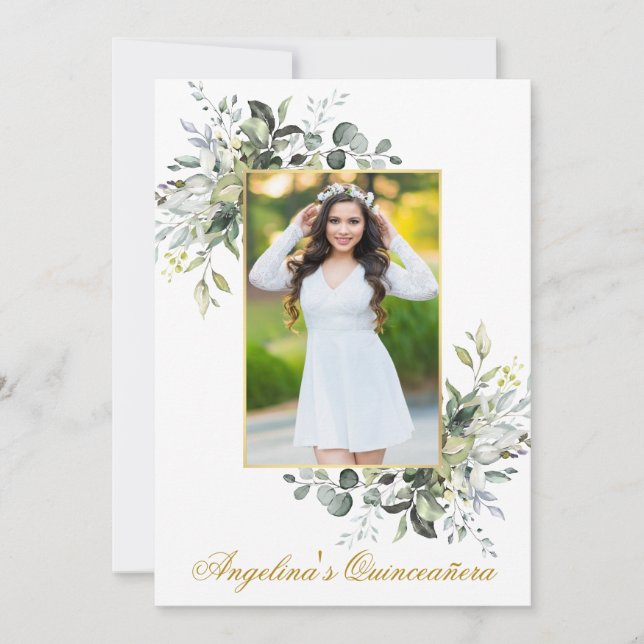 Watercolor Greenery Guld Ram Photo Quinceanera Inbjudningar (Framsida)