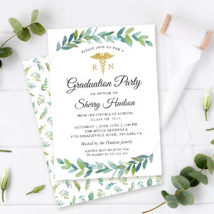 Watercolor Greenery Guld RN Nursing Studenten Inbjudningar