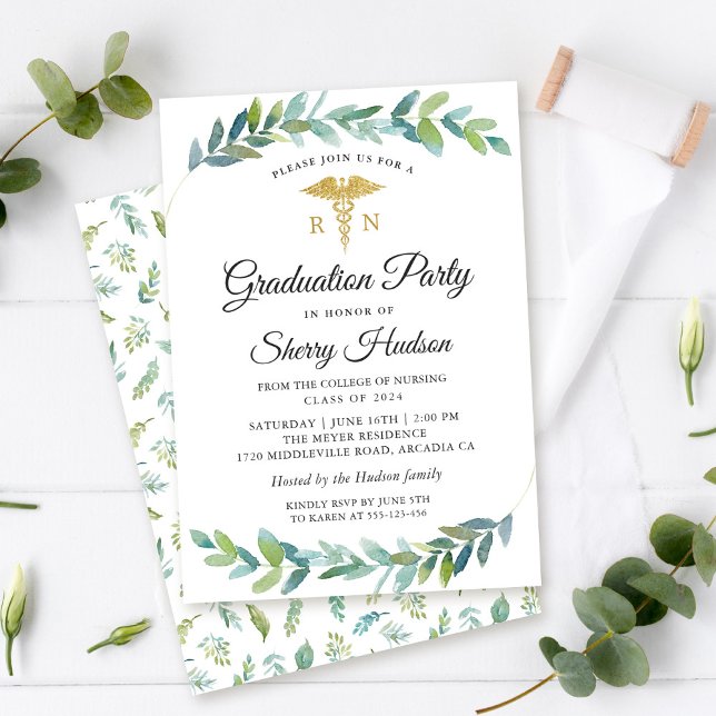 Watercolor Greenery Guld RN Nursing Studenten Inbjudningar (Skapare uppladdad)