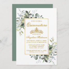 Watercolor Greenery Guld Sage Grönt Quinceanera Inbjudningar