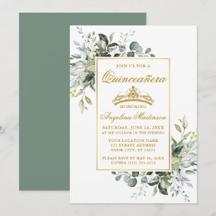 Watercolor Greenery Guld Sage Grönt Quinceanera Inbjudningar