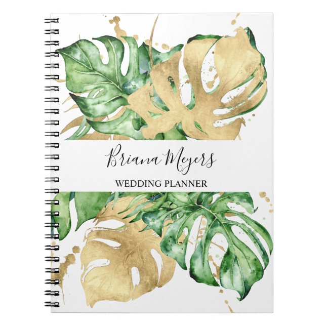 Watercolor Greenery Handflatan Löv Guld Business Anteckningsbok (Framsidan)