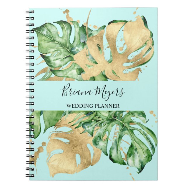 Watercolor Greenery Handflatan Lövs Guld Teal Busi Anteckningsbok (Framsidan)