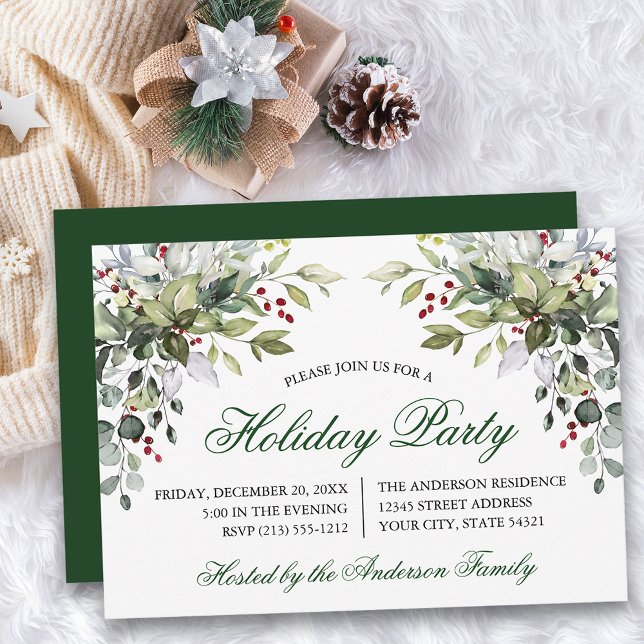 Watercolor Greenery Holly Julfest Inbjudningar (Customize to change text size, color, style or to change color of back of card.)