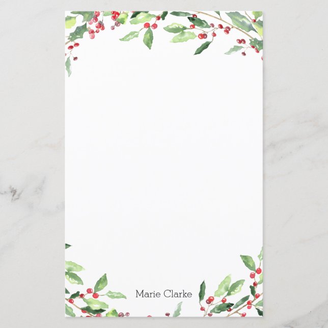 Watercolor Greenery Holly Personlig Stationary (Framsida)