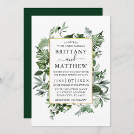 Watercolor Greenery Ivy Ferns Sage Guld Bröllop Inbjudningar