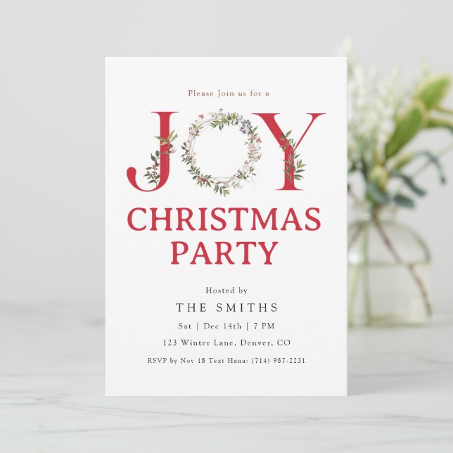 Watercolor Greenery JOY Christmas Party Invitation Inbjudningar (Stående Fram)