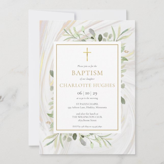 Watercolor Greenery Marble Baptism Christening Inbjudningar (Framsida)