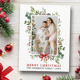 Watercolor Greenery Merry Christmas Red Bow Vykort