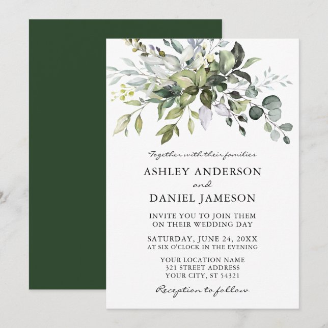 Watercolor Greenery Modern Elegance Bröllop Inbjudningar (Fram/baksida)