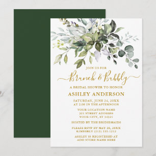 Watercolor Greenery Möhippa Brunch BubLY Guld Inbjudningar
