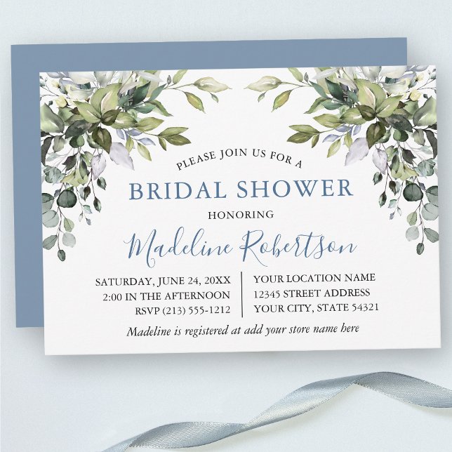 Watercolor Greenery Möhippa Dusty Blue Inbjudningar (Customize to change text color, text style or color of back of card.)