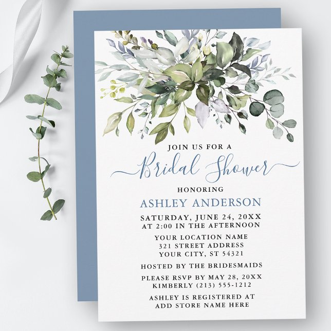 Watercolor Greenery Möhippa Dusty Blue Inbjudningar (Customize to change text color, text style or color of back of card.)