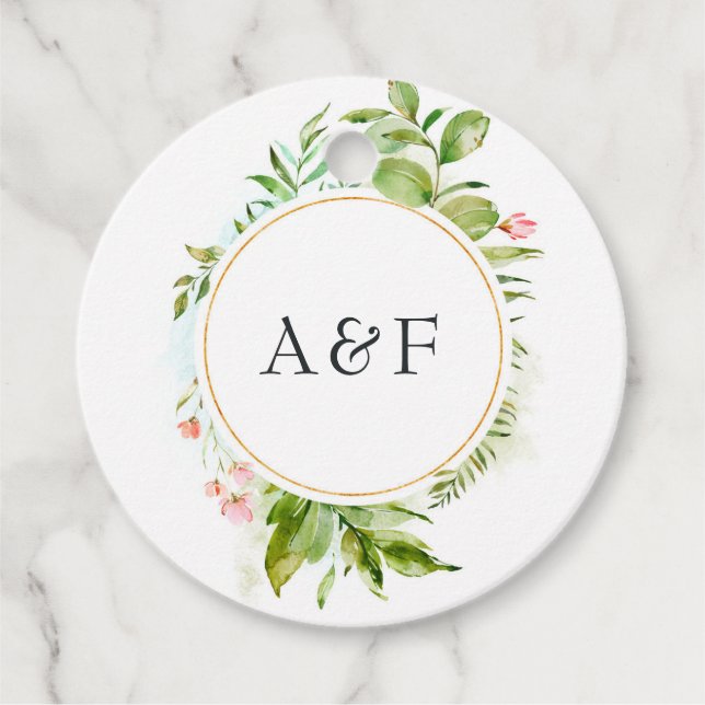 Watercolor Greenery Monogrammed Bröllop Gåvor Etiketter (Framsida)