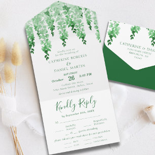 Watercolor Greenery Mörk Emerald Blommigt Bröllop