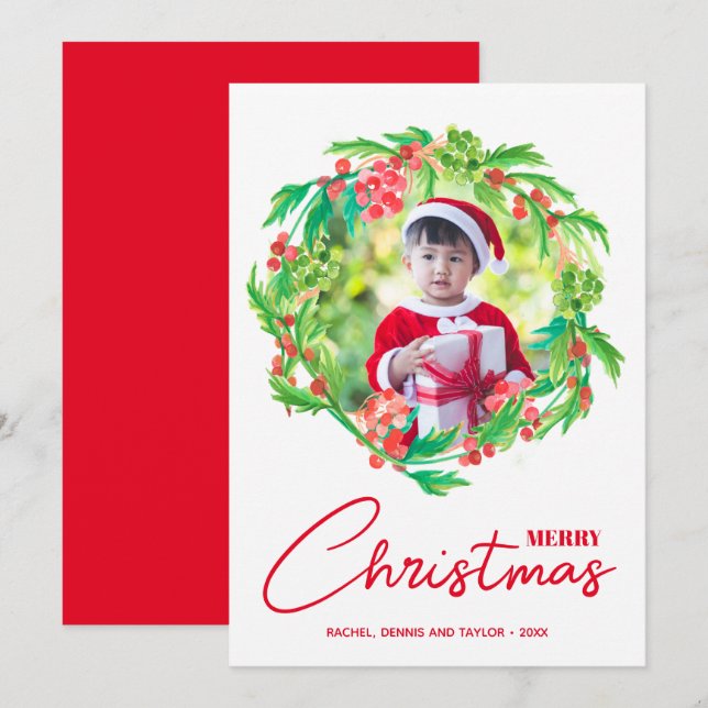 Watercolor Greenery och Berries julfoto Julkort (Fram/baksida)