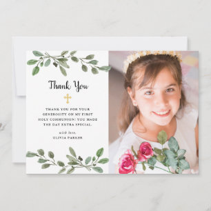 Watercolor Greenery och Guld Photo First Communion Tack Kort