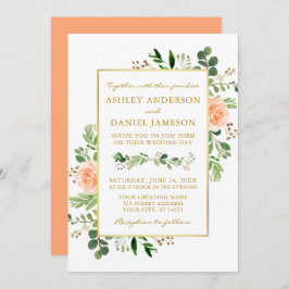 Watercolor Greenery Peach Ro Bröllop Guld Inbjudningar